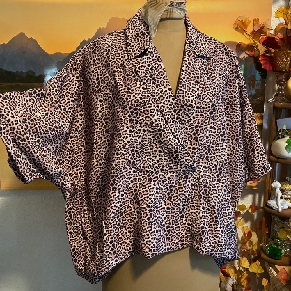 Anthropologie Dyllon Blouse Leopard Print Draped Front Women L Short Sleeve